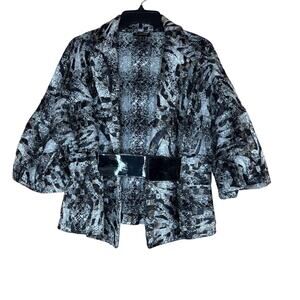 Cartise Black White Silver Metallic Textured Belt Jacket Flounce Sleeve Size 10